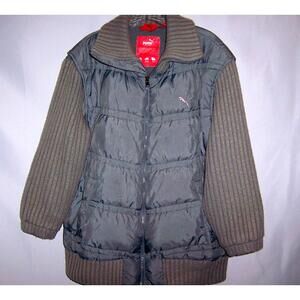 Vintage Puma Men's XL Down Puffer coat with Knit Sleeves - Grey